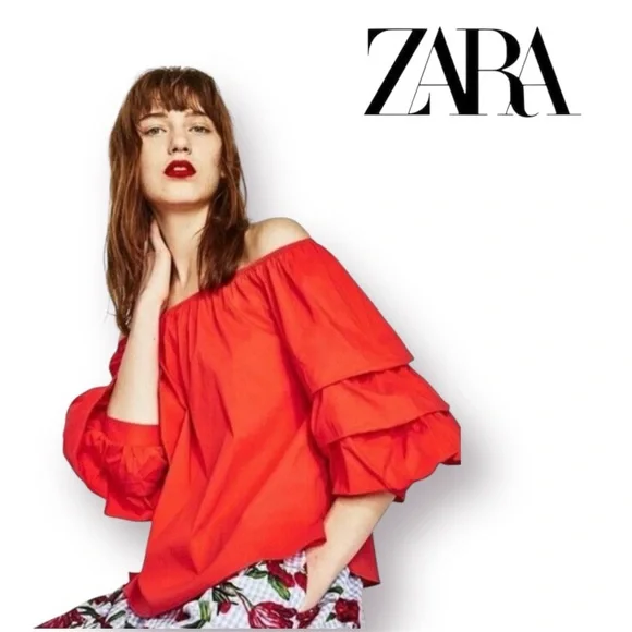 🛍️SALE🛍️ Zara Off the Shoulder Blouse with Dramatic Ruffled Sleeves - Picture 1 of 7